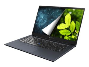 Ein Notebook mit einem blau-grünen Bild auf dem Display