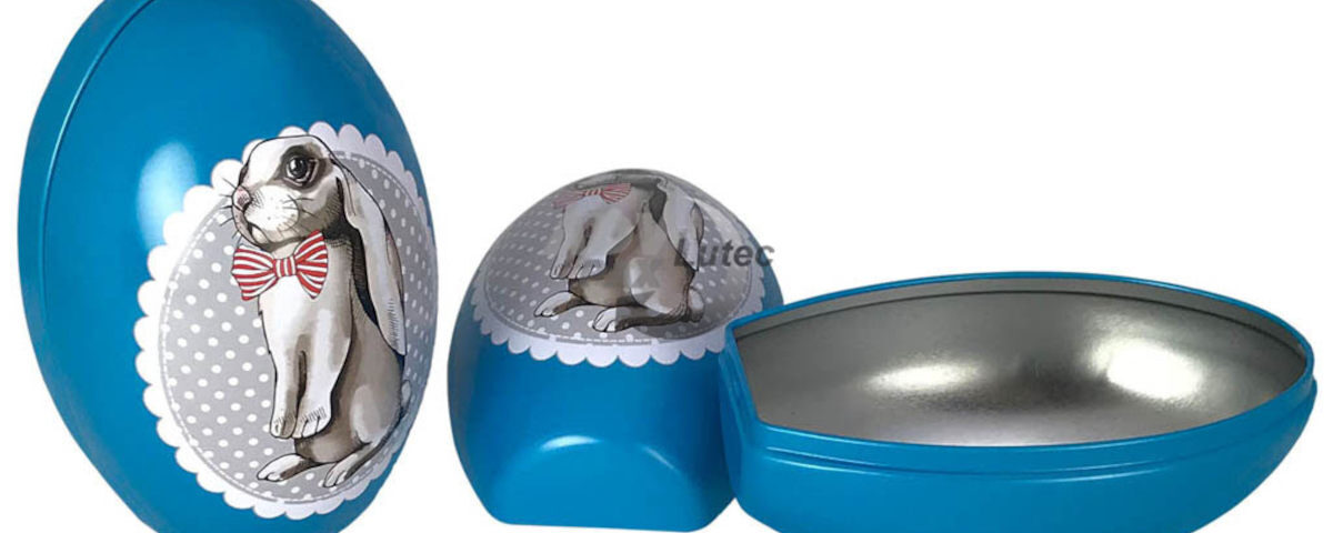 Osterdosen und Frühlingsdosen von ADV PAX Lutec - Stehendes Osterei mit Osterhasenmotiv, blau, weißblech