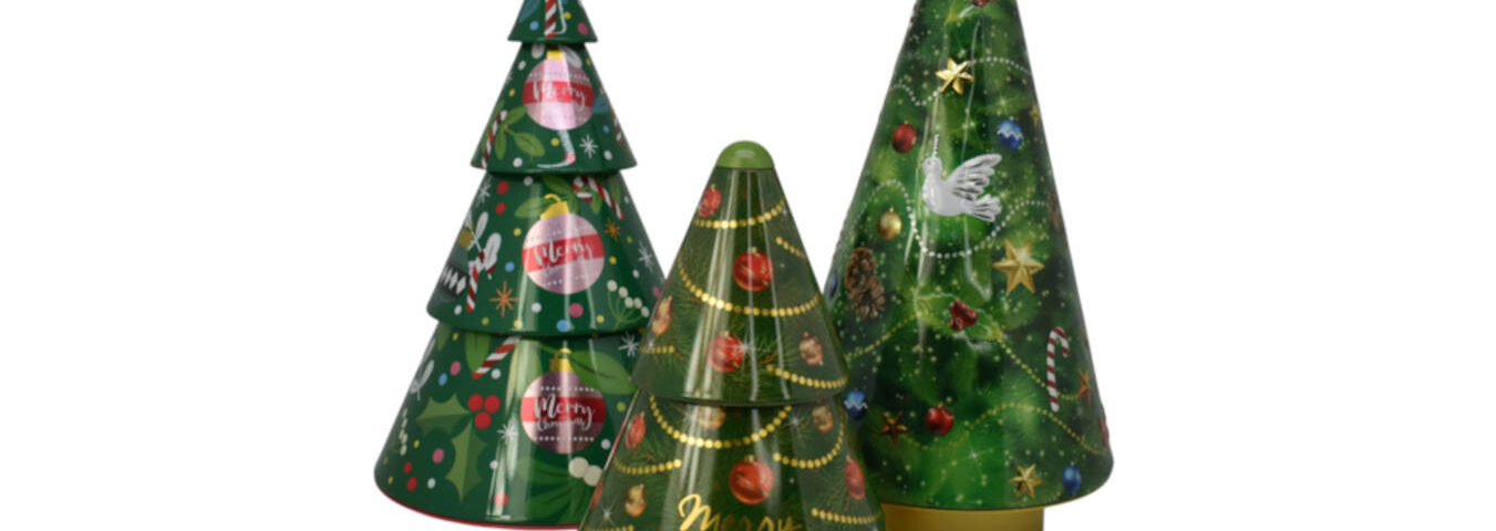 Dekorative Tannenbaum-Dosen, teils mit integrierter Spieluhr und Christbaumschmuck - Die Dosenprofis aus Dettingen stellen ihre neuen Weihnachtsdosen vor
